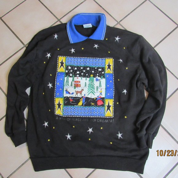 Vintage Bobbie Brooks Sweatshirt Women's Large collared Black Christmas stars - Picture 1 of 5